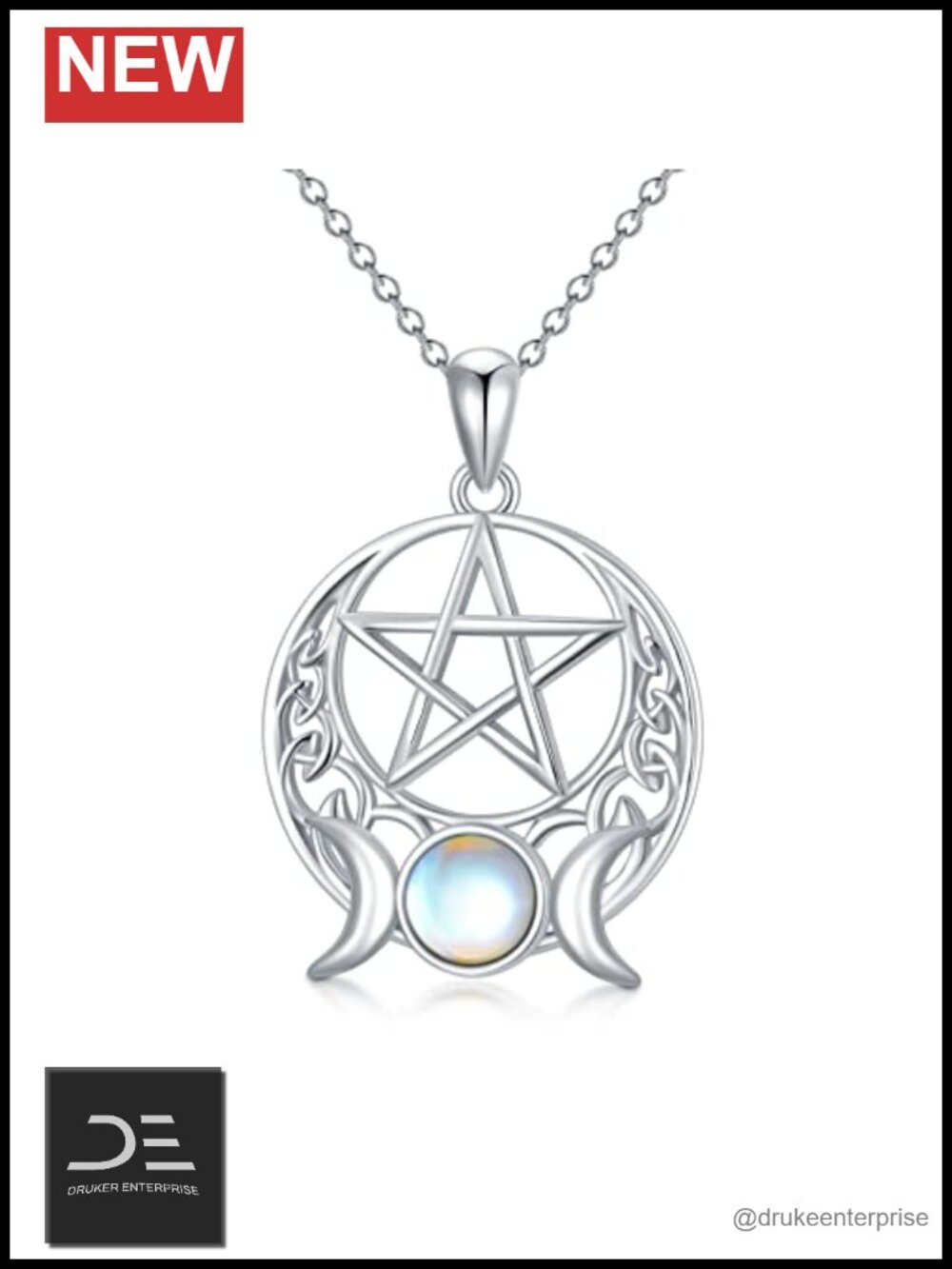925 Sterling Silver Pentagram Pendant Necklace Wiccan Pagan Triple Moon Jewelry